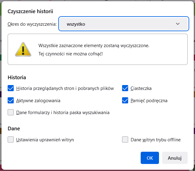 Widok okna czyszczenia historii przeglądarki Mozzilla