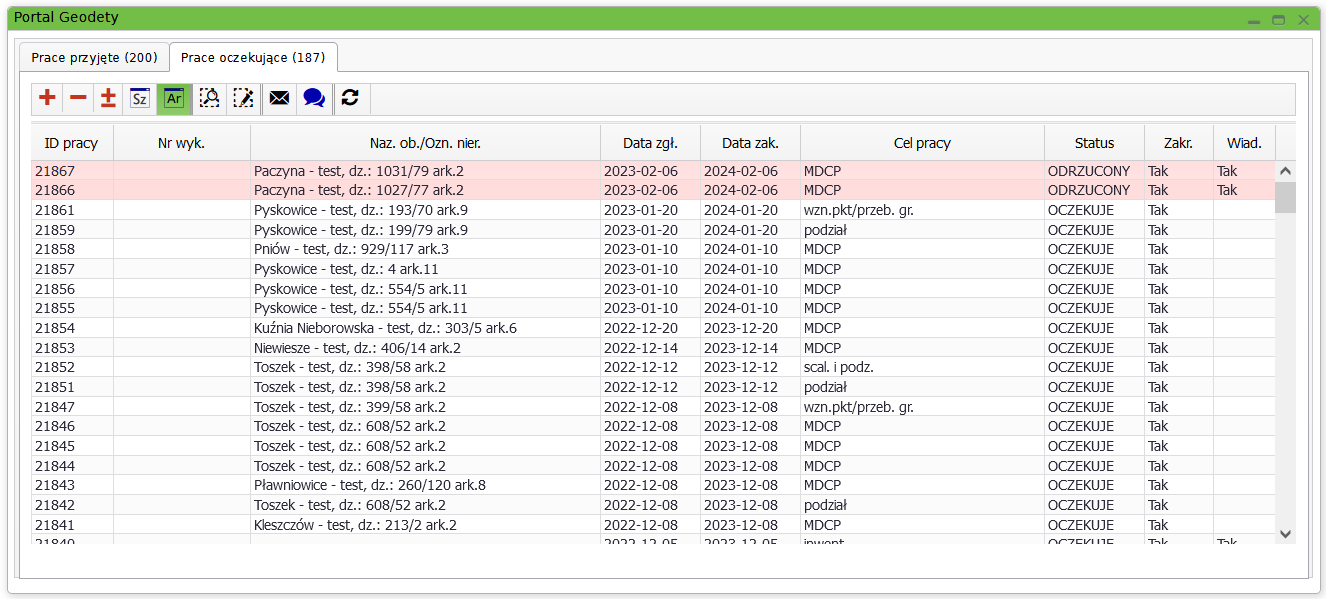 Widok okna portalu geodety z pracami oczekującymi