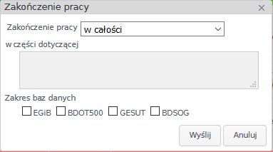 Widok okna zakończenia pracy